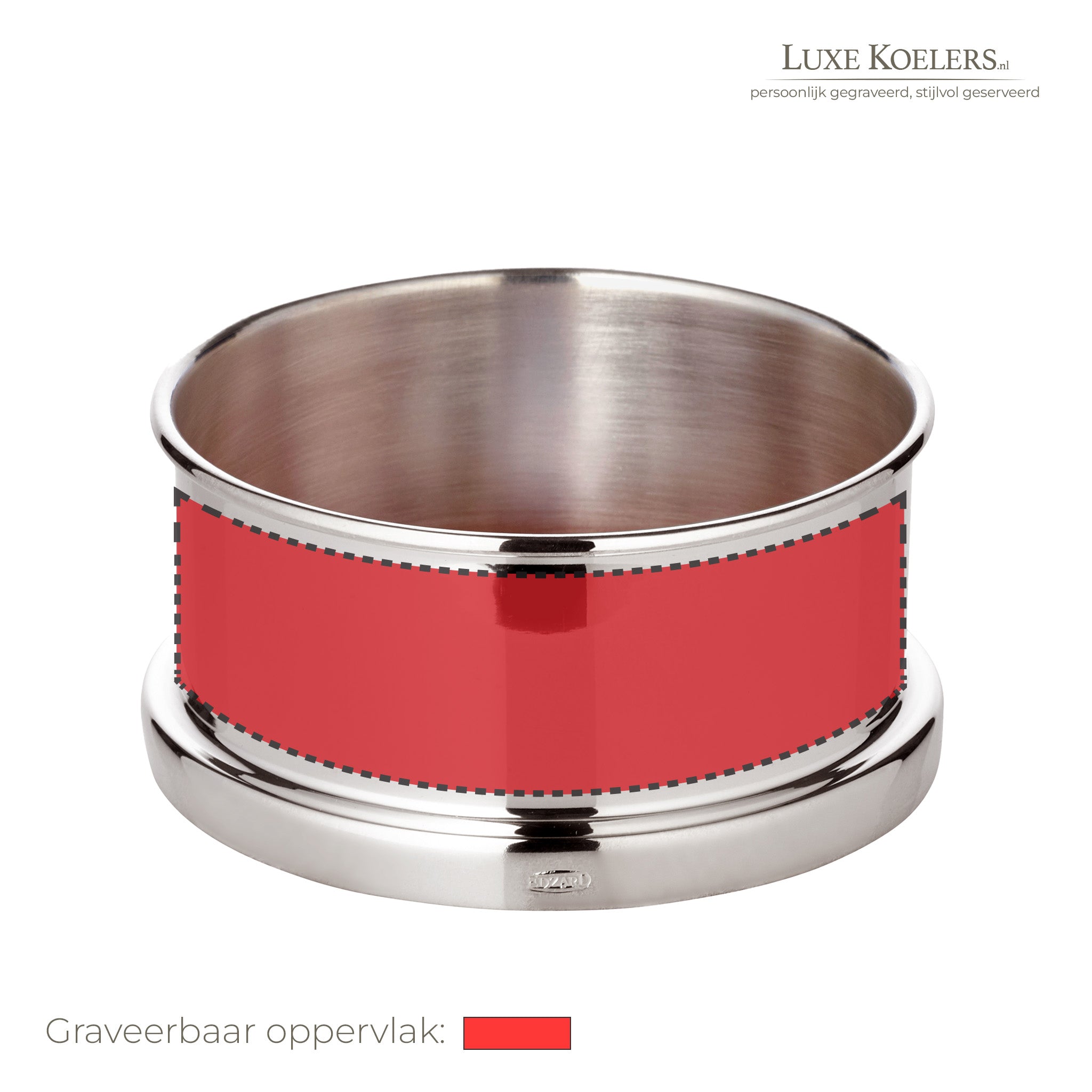 Witte achtergrond met logo rechts boven. Op voorwerp staat een rood vlak waarbinnen gegraveerd kan worden. wijnbak