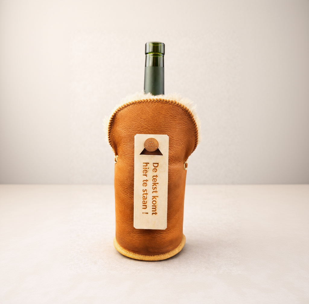 leren kywie vachtkoeler met houten label