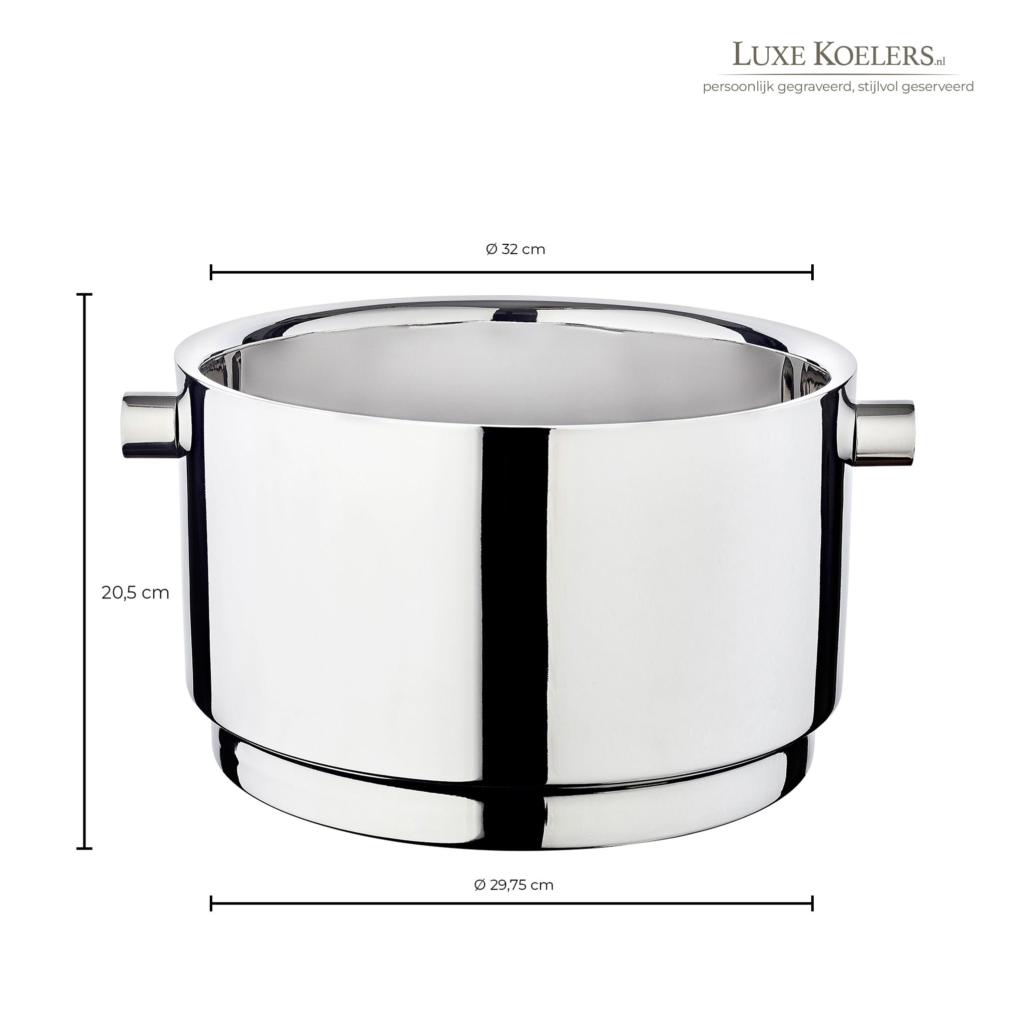 Champagnekoeler met afmetingen op een witte achtergrond