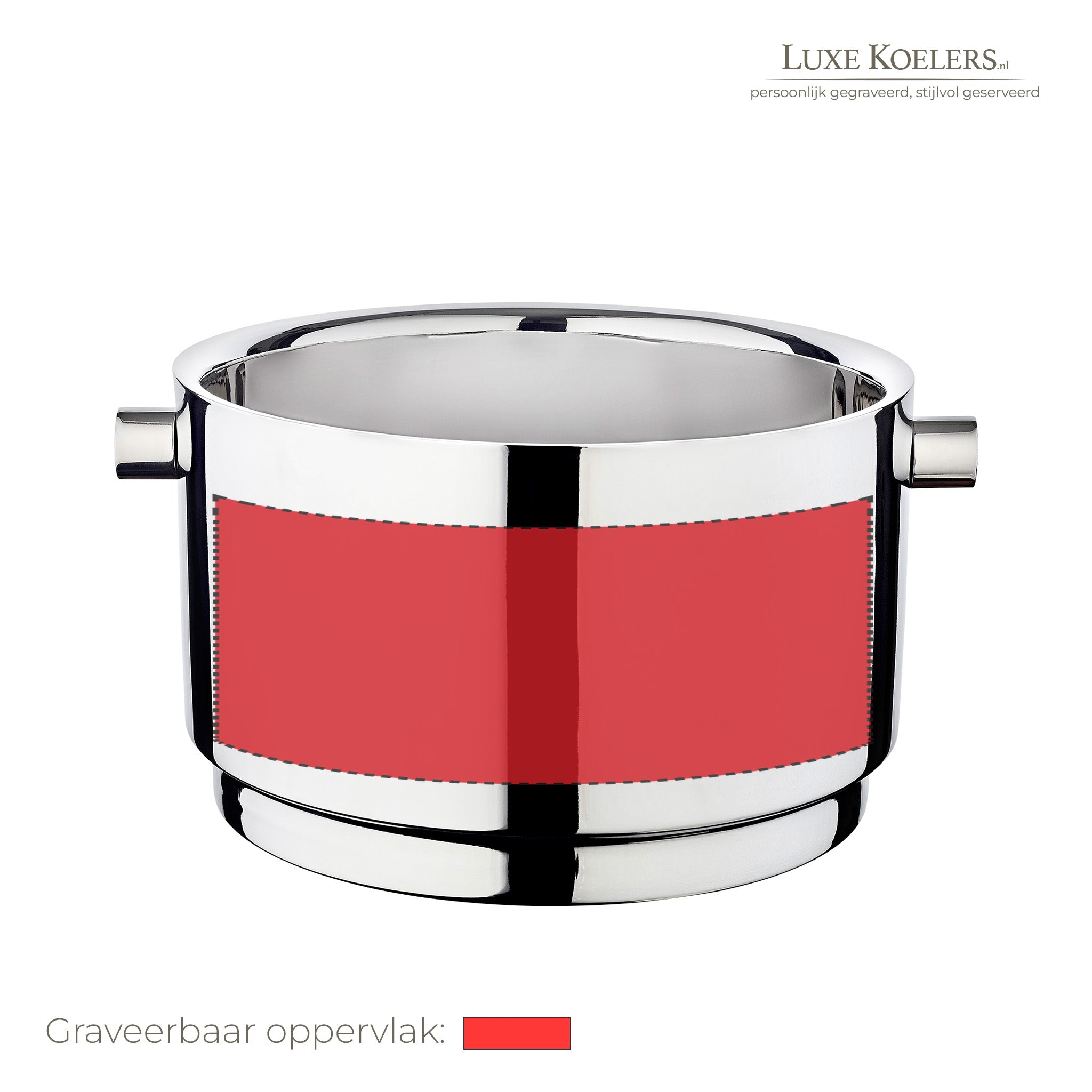 Witte achtergrond met logo rechts boven. Op voorwerp staat een rood vlak waarbinnen gegraveerd kan worden. Champane koeler roya