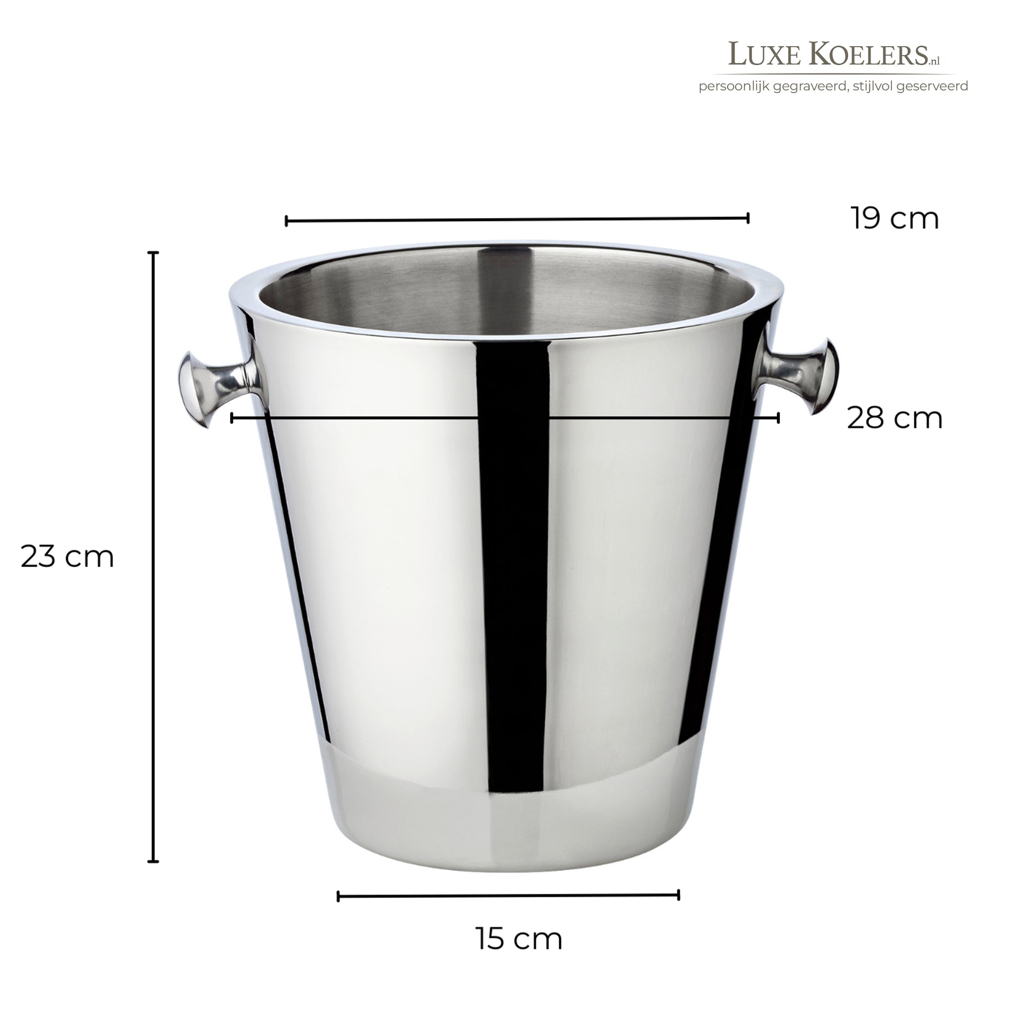 dubbelwandige koeler witte achtergrond met maten 23 cm hoog diameter binnenkant 19 cm diameter oor tot oor 28 cm