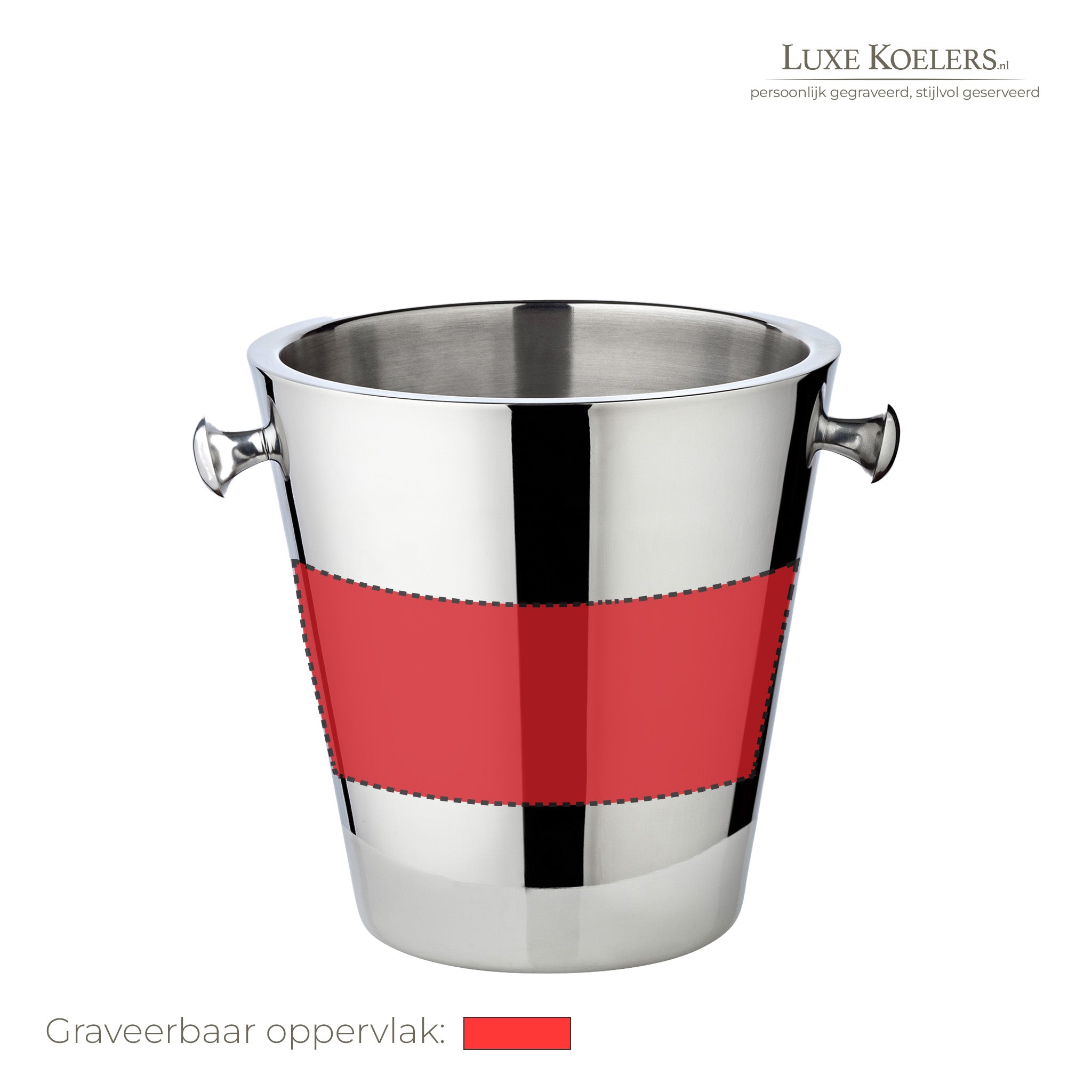 Witte achtergrond met logo rechts boven. Op voorwerp staat een rood vlak waarbinnen gegraveerd kan worden. Dubbelwandige metalen koeler met oren