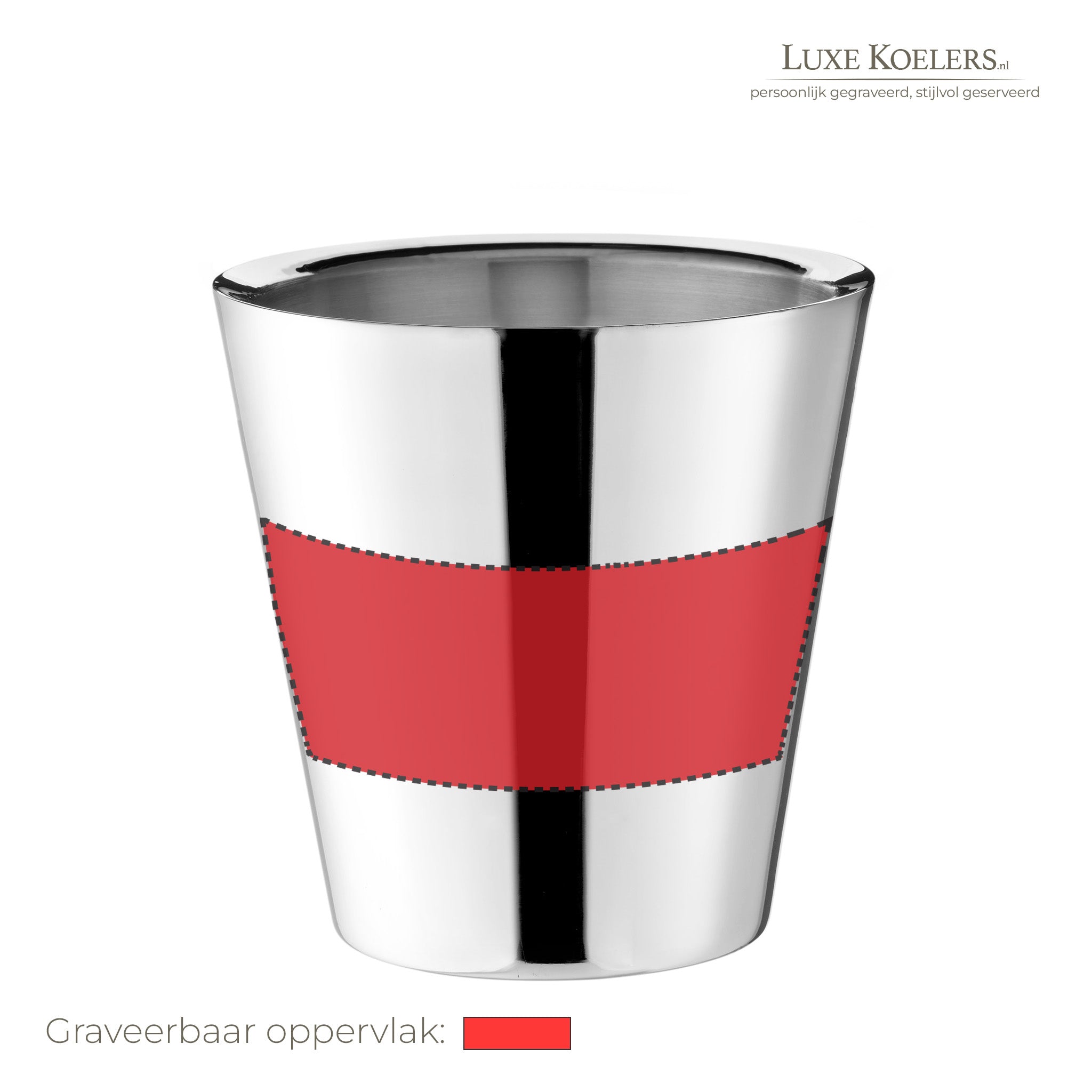 Witte achtergrond met logo rechts boven. Op voorwerp staat een rood vlak waarbinnen gegraveerd kan worden. Dubbelwandige koeler rvs zonder oren