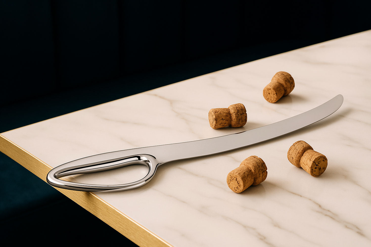 glimmend sabreermes op marmeren tafel met kurken