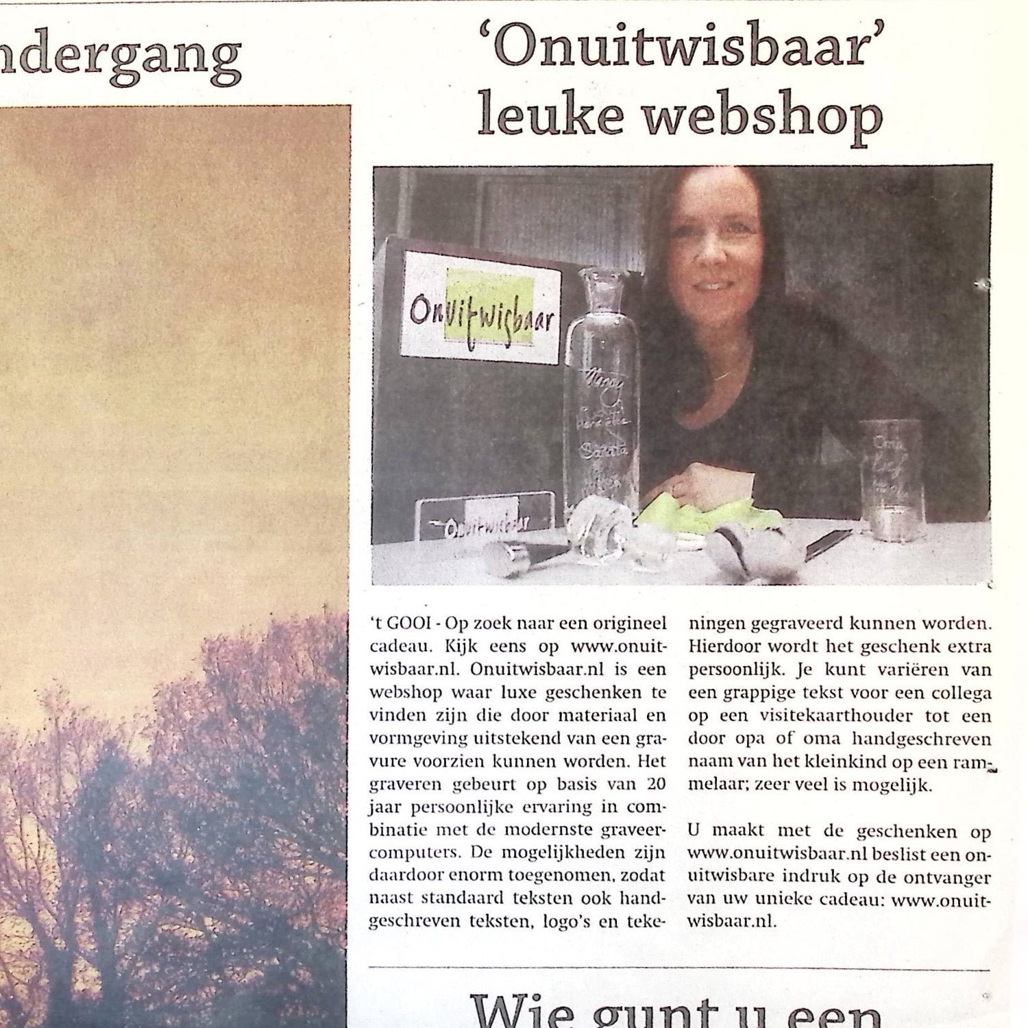 Krantenartikel webshop Onuitwisbaar.nl