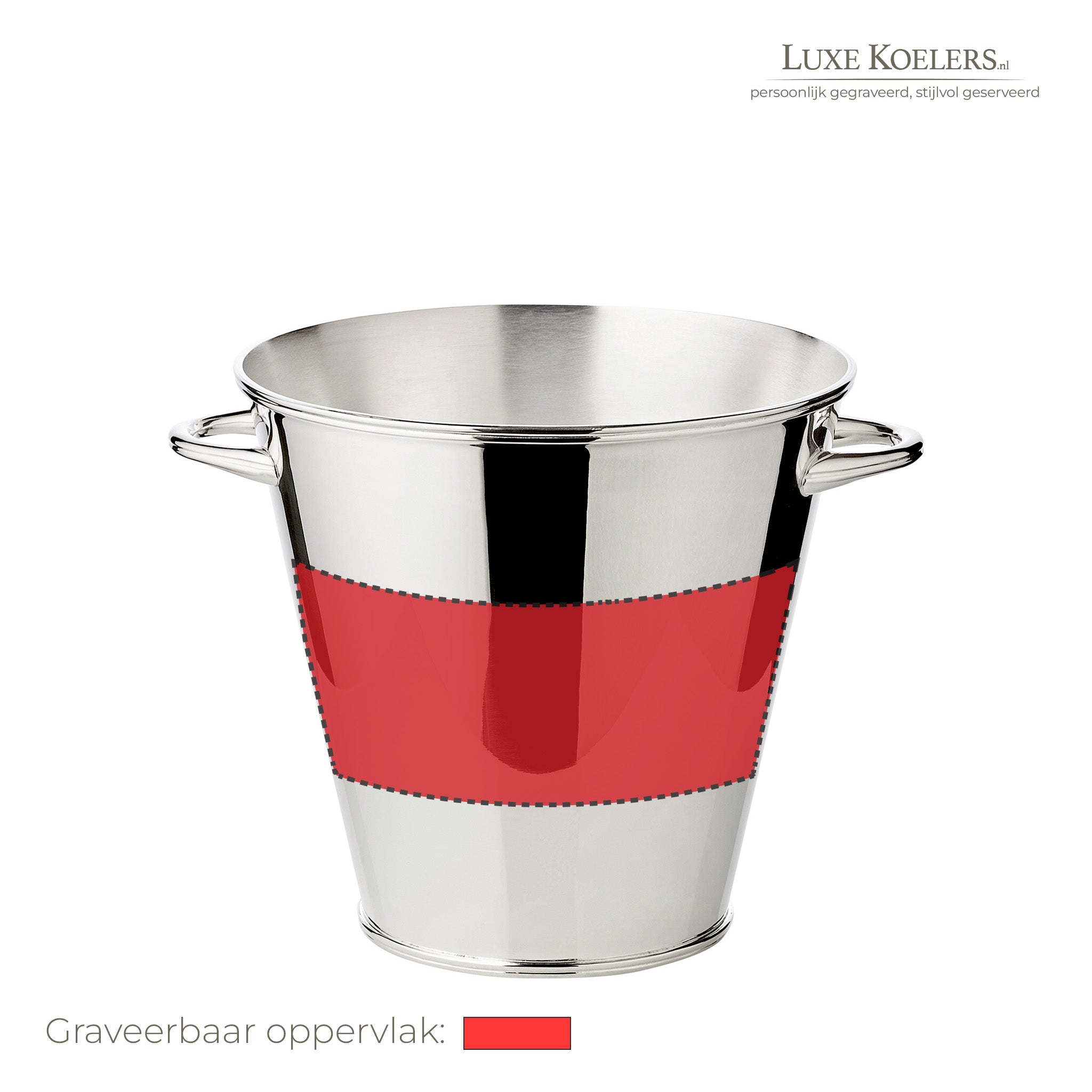 Witte achtergrond met logo rechts boven. Op voorwerp staat een rood vlak waarbinnen gegraveerd kan worden. Calo verzilverde wijnkoeler. Champagnekoeler