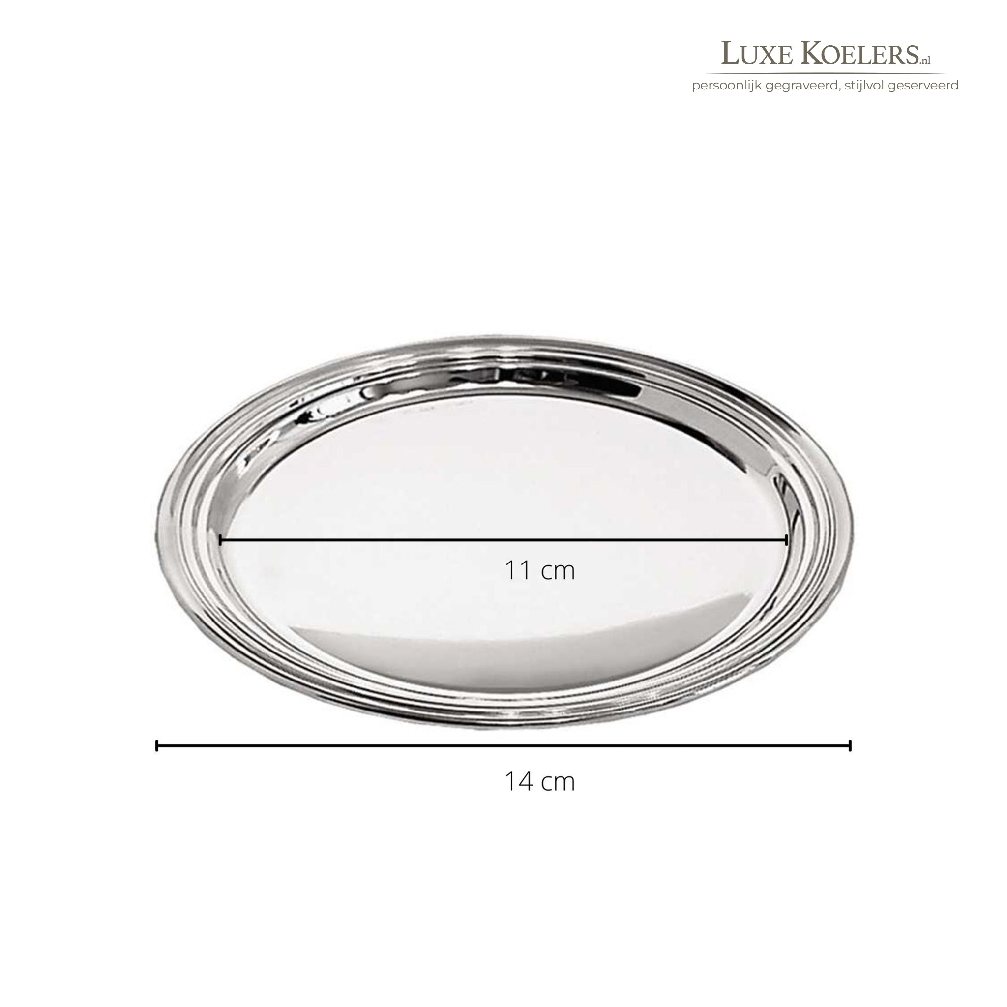 Zilveren schaal op een witte achtergrond met afmetingen