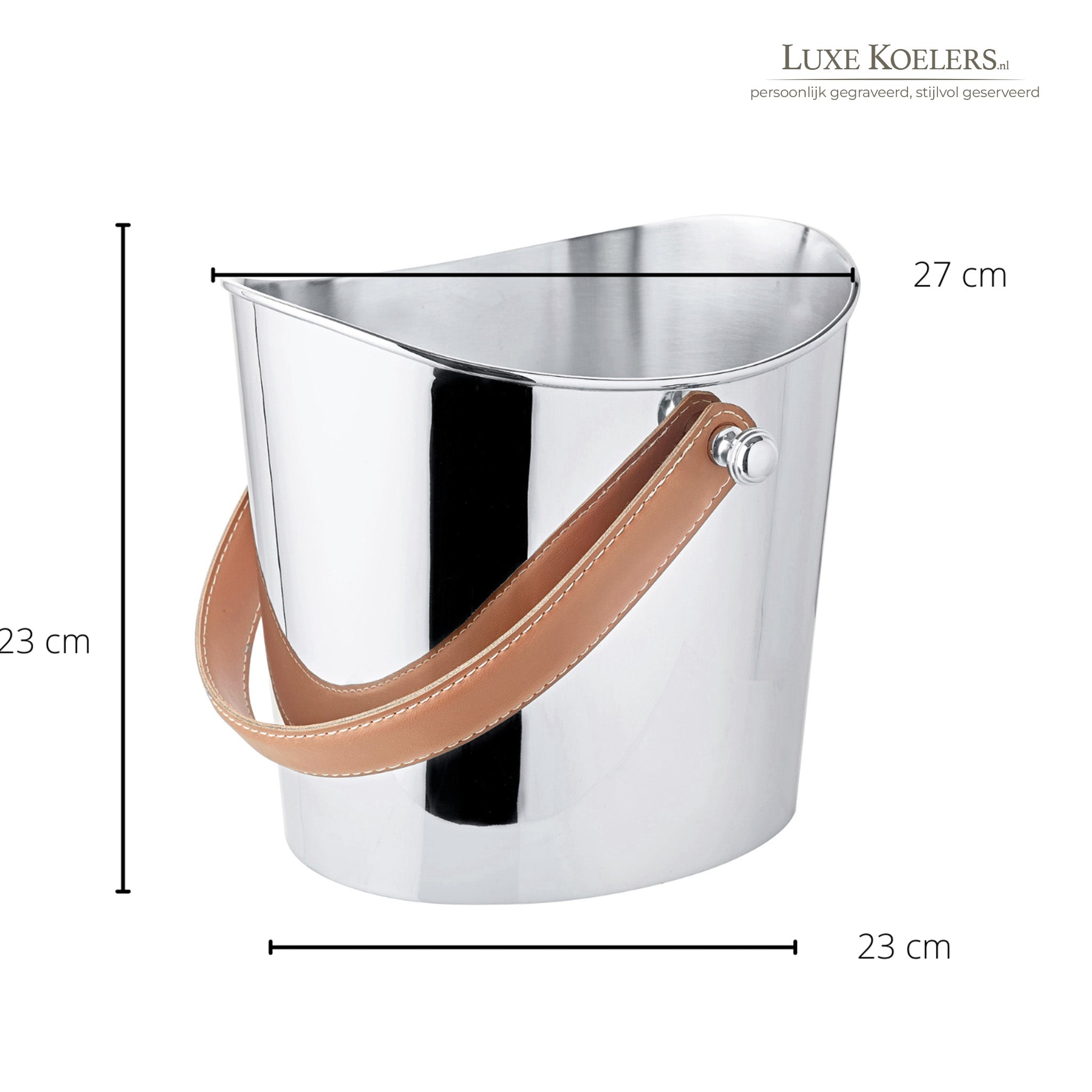 Zilveren champagnekoeler met leren hengsel en afmetingen op een witte achtergrond
