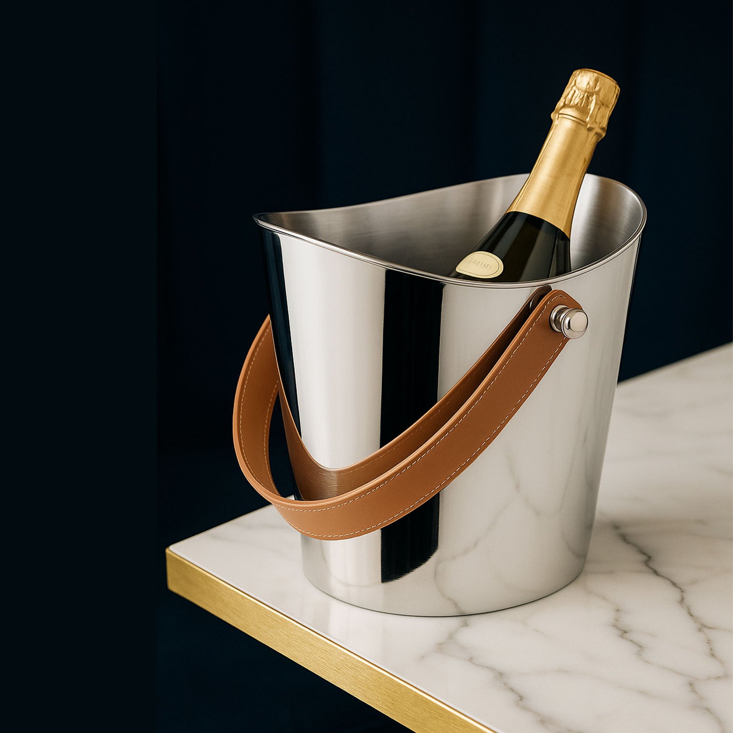 zilveren champagnekoeler met leren hengsel op marmeren tafel met gouden rand