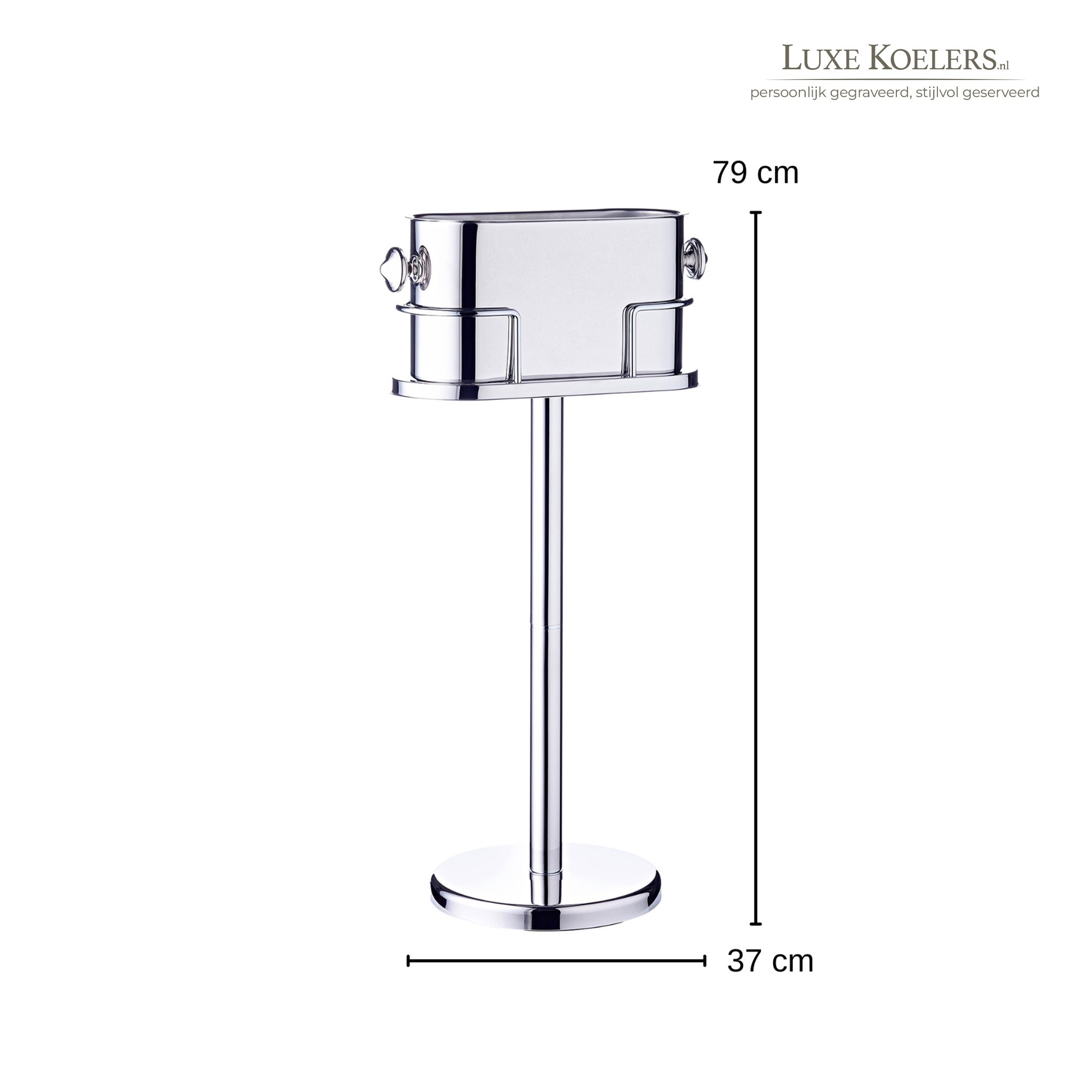 Koeler op standaard tegen witte achtergrond met logo. Hoogte 79 en diameter 37 cm