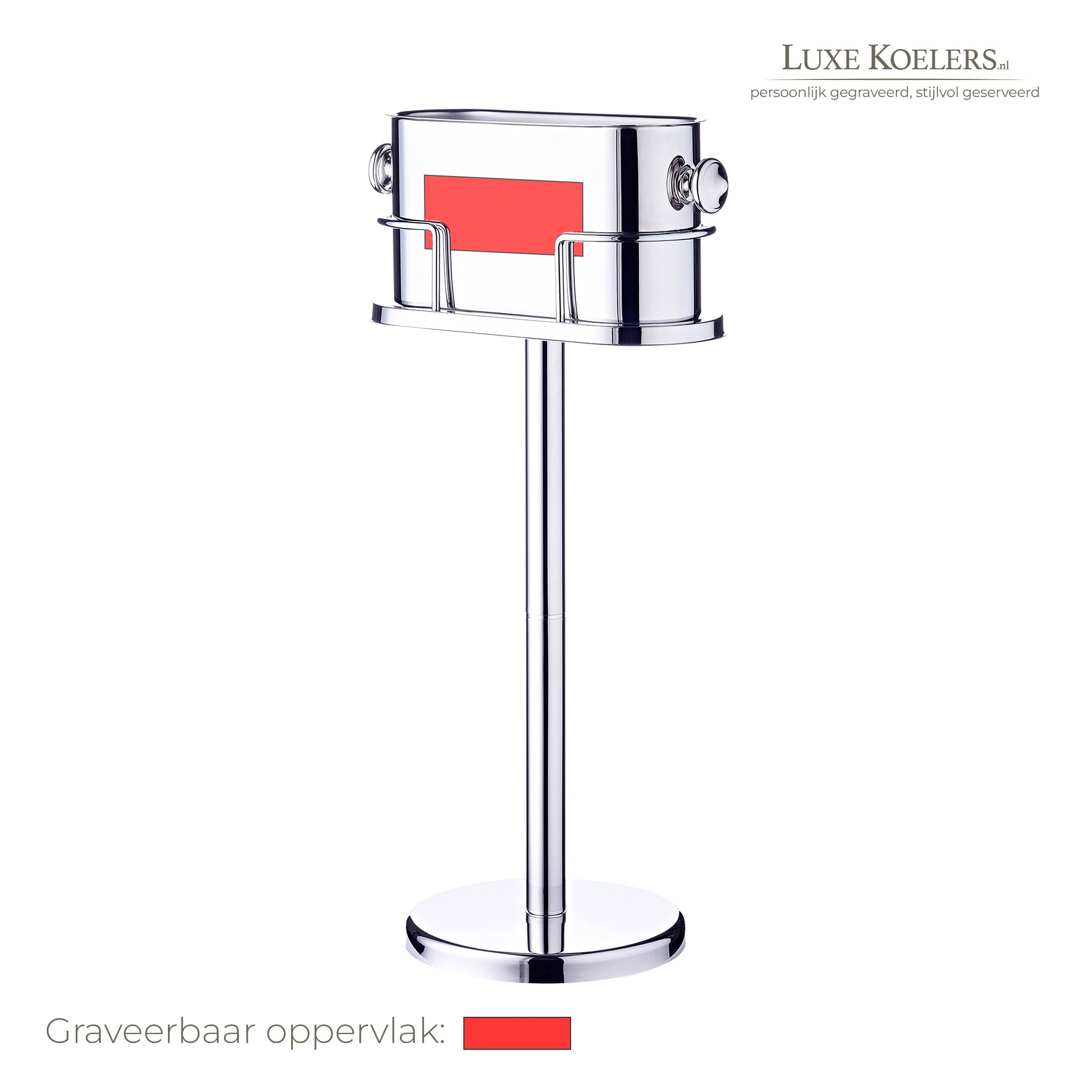 Langwerpige of ovale koeler op standaard tegen witte achtergrond. Rood vlak waar graveer oppervlak wordt aangegeven