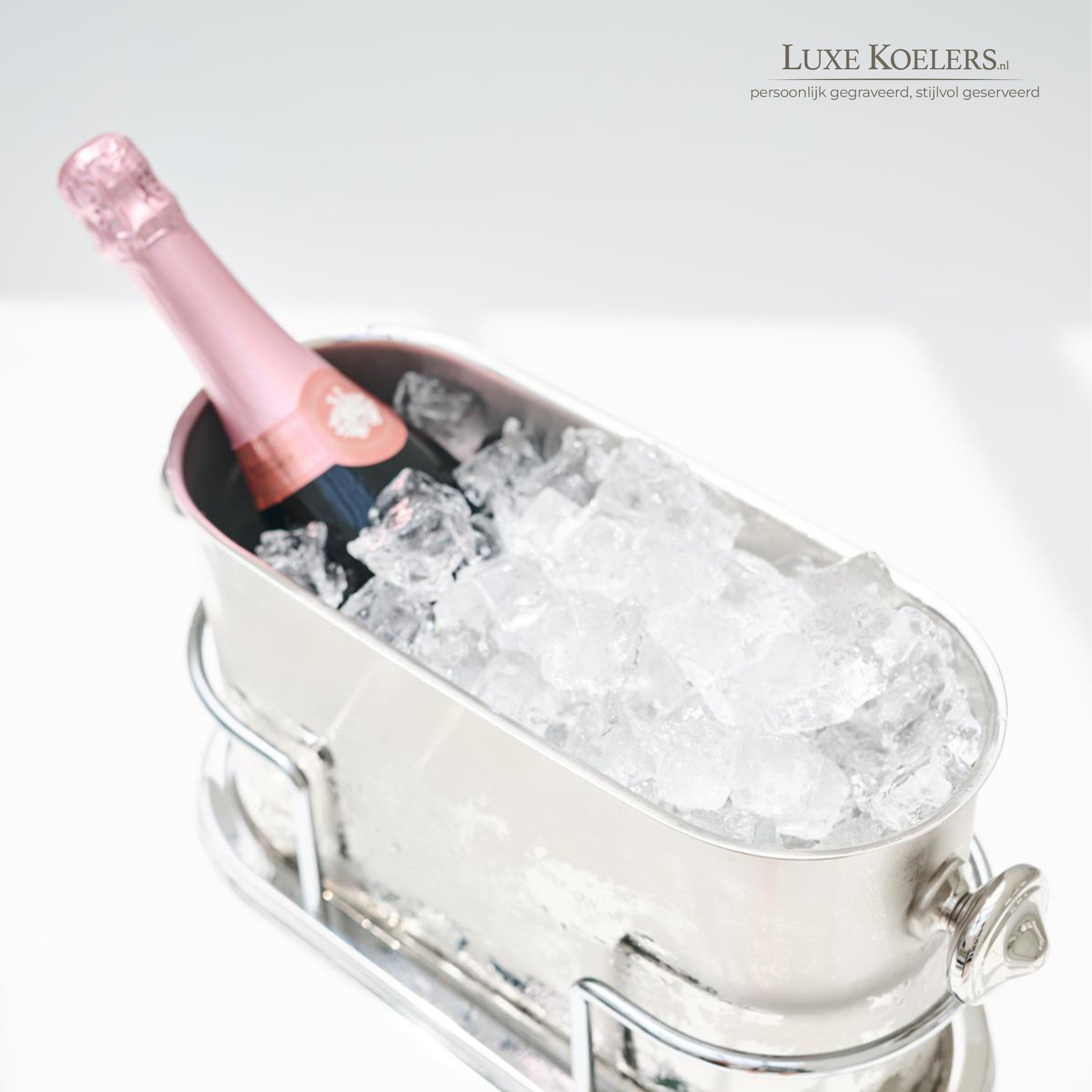 Bovenaanzicht van langwerpige koeler met ijsklonten en fles met roze capsule. Witte achtergrond en logo rechts bovenaan