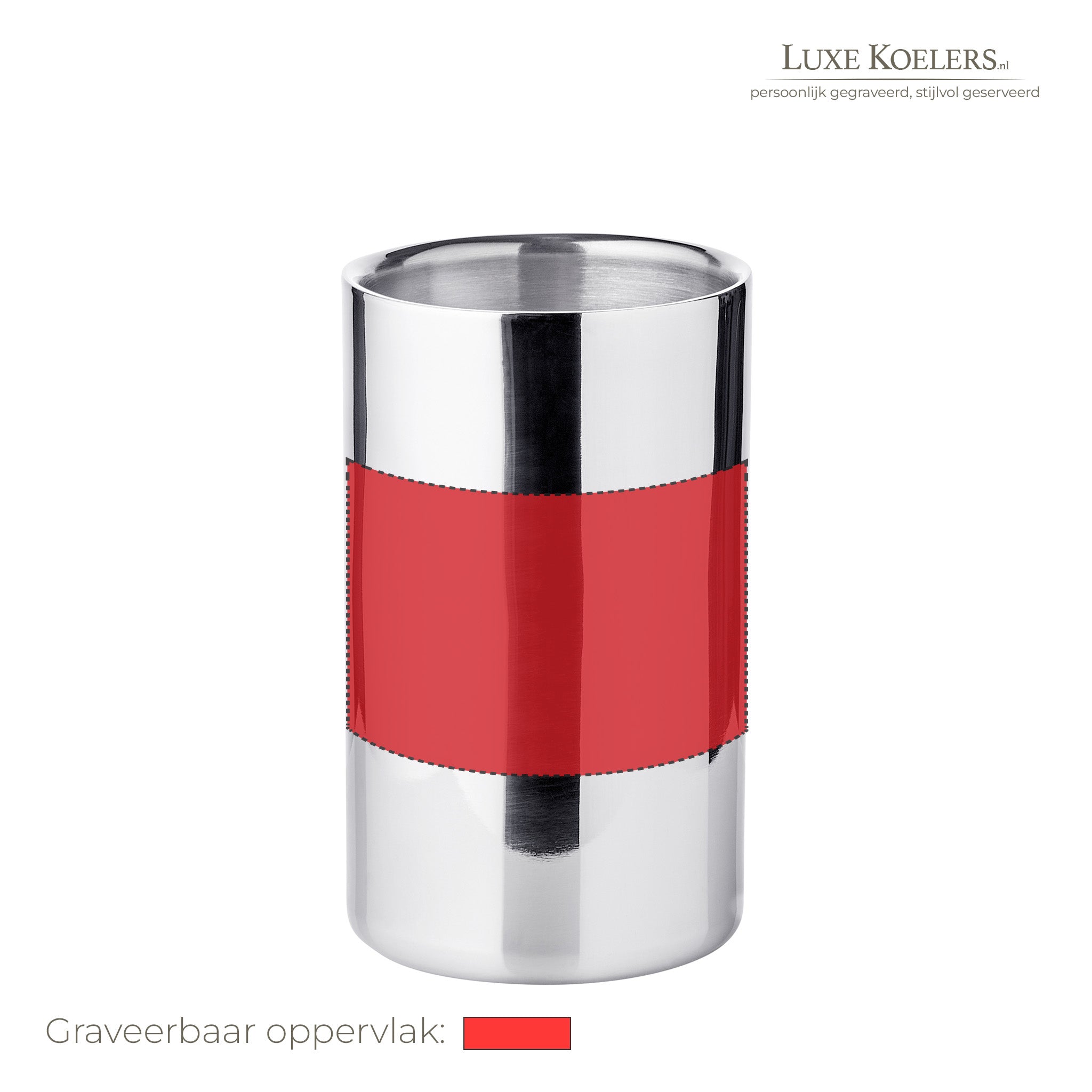 Witte achtergrond met logo rechts boven. Op voorwerp staat een rood vlak waarbinnen gegraveerd kan worden.  Wijnkoeler Nebraska