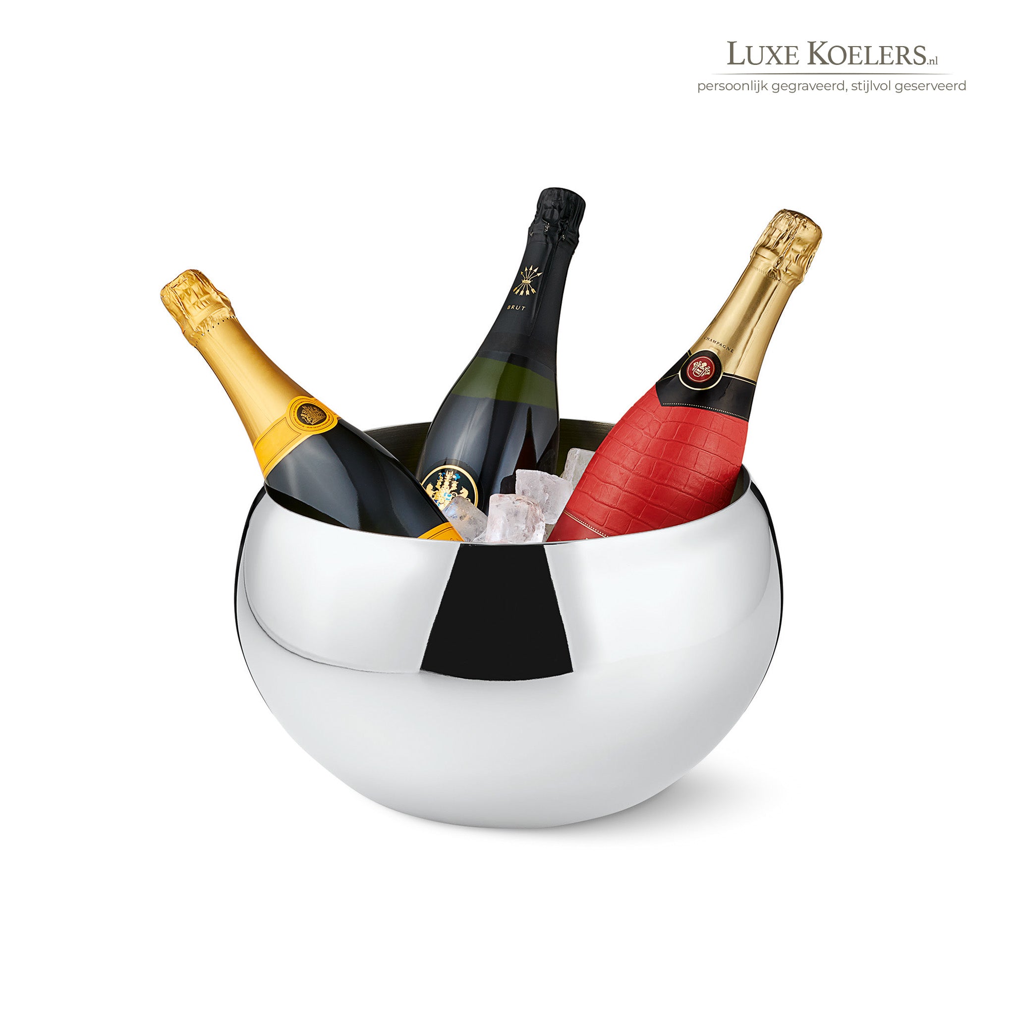 ronde koeler in vorm van bal met bovenkant plat. drie flessen in ijs