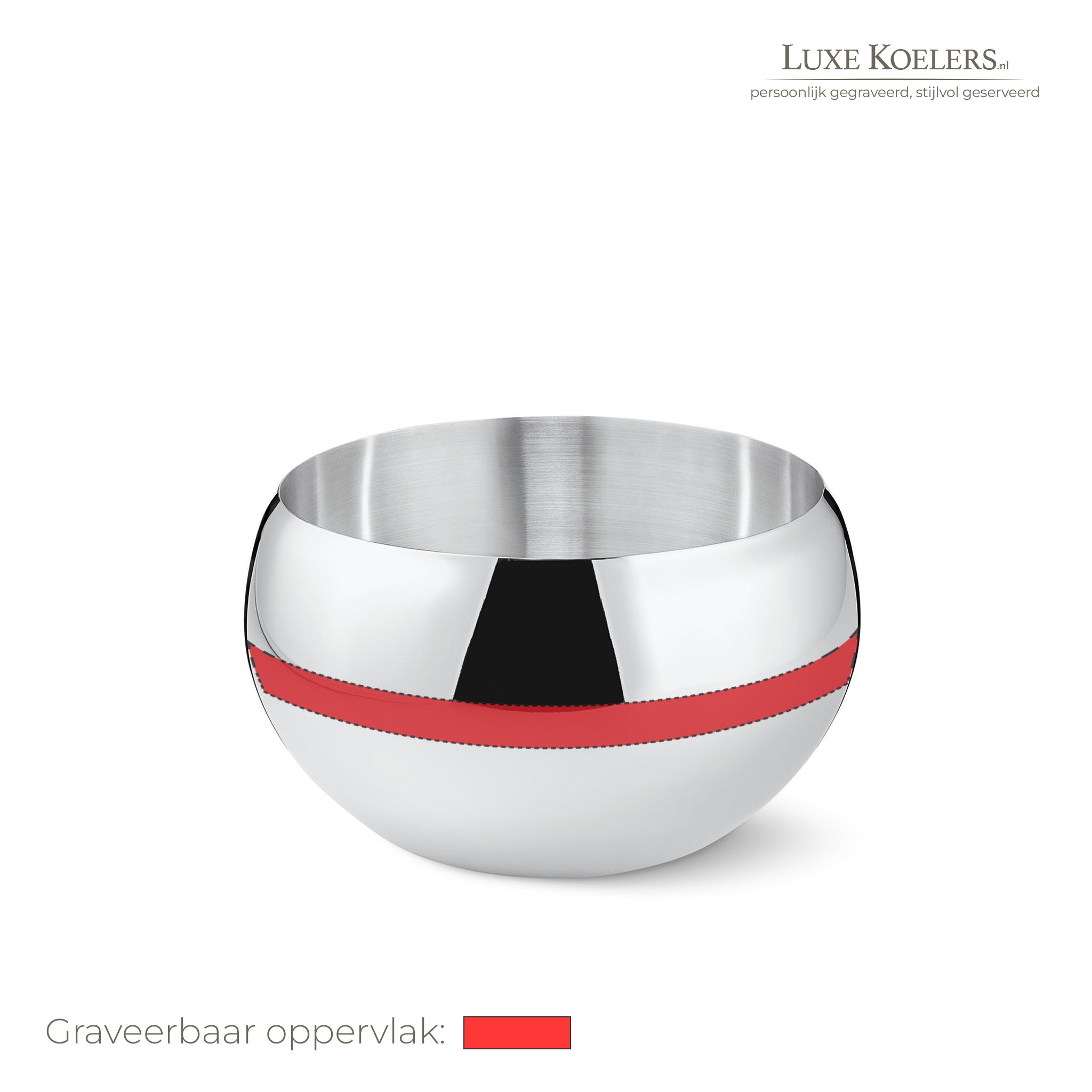 Witte achtergrond met logo rechts boven. Op voorwerp staat een rood vlak waarbinnen gegraveerd kan worden.  Hele grote dubbelwandige koeler.