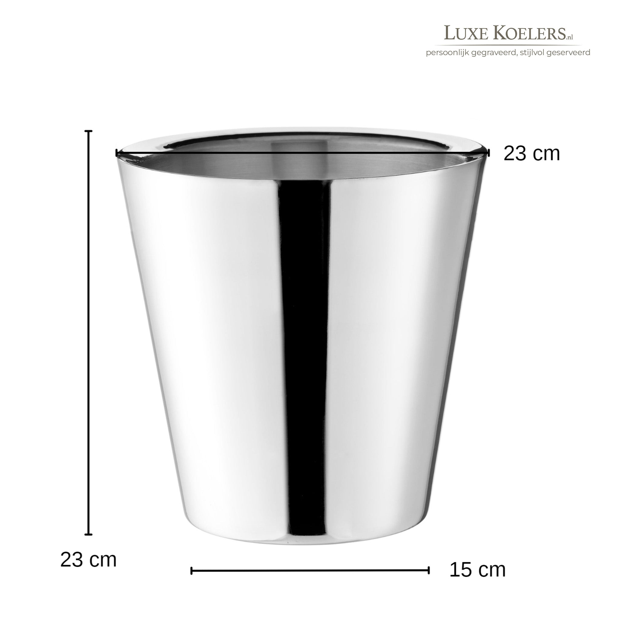 Zilveren moderne champagnekoeler zonder oren op een witte achtergrond met afmetingen