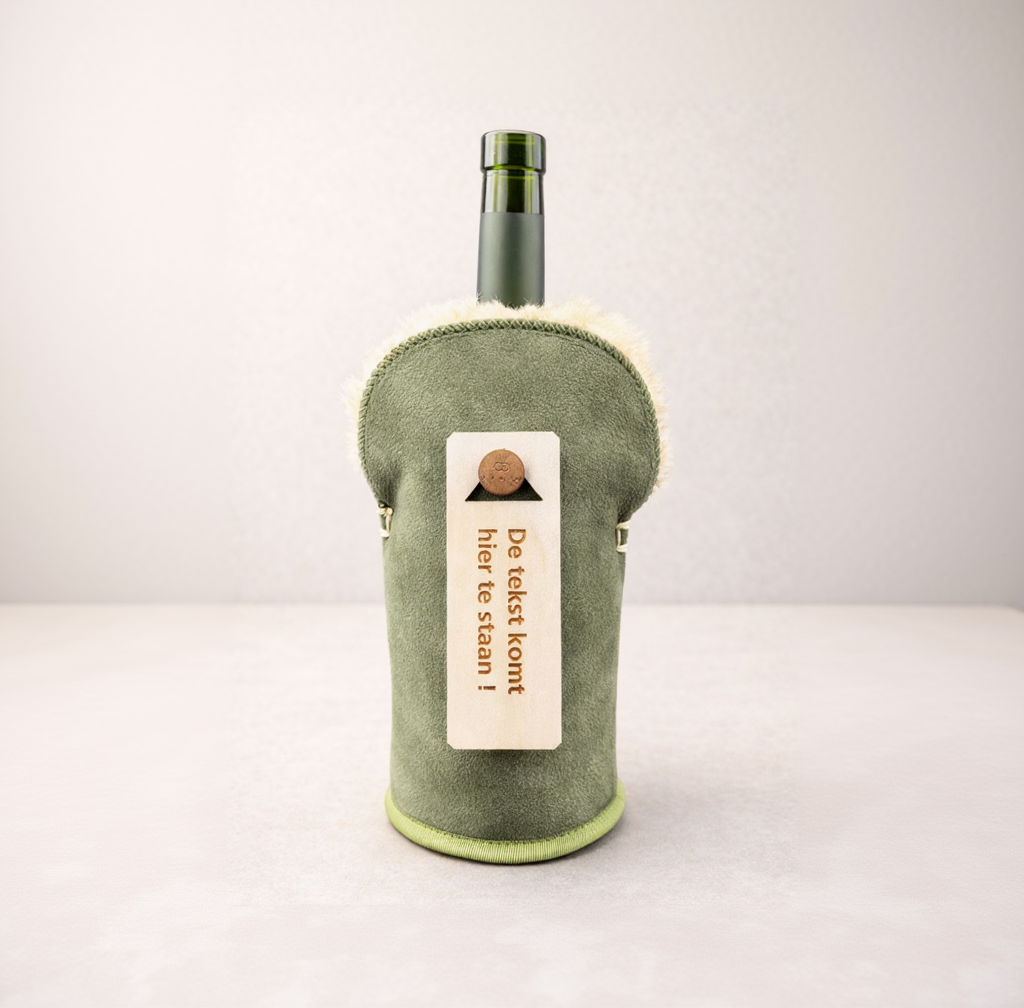 groene leer wollen flessenkoeler met houten label