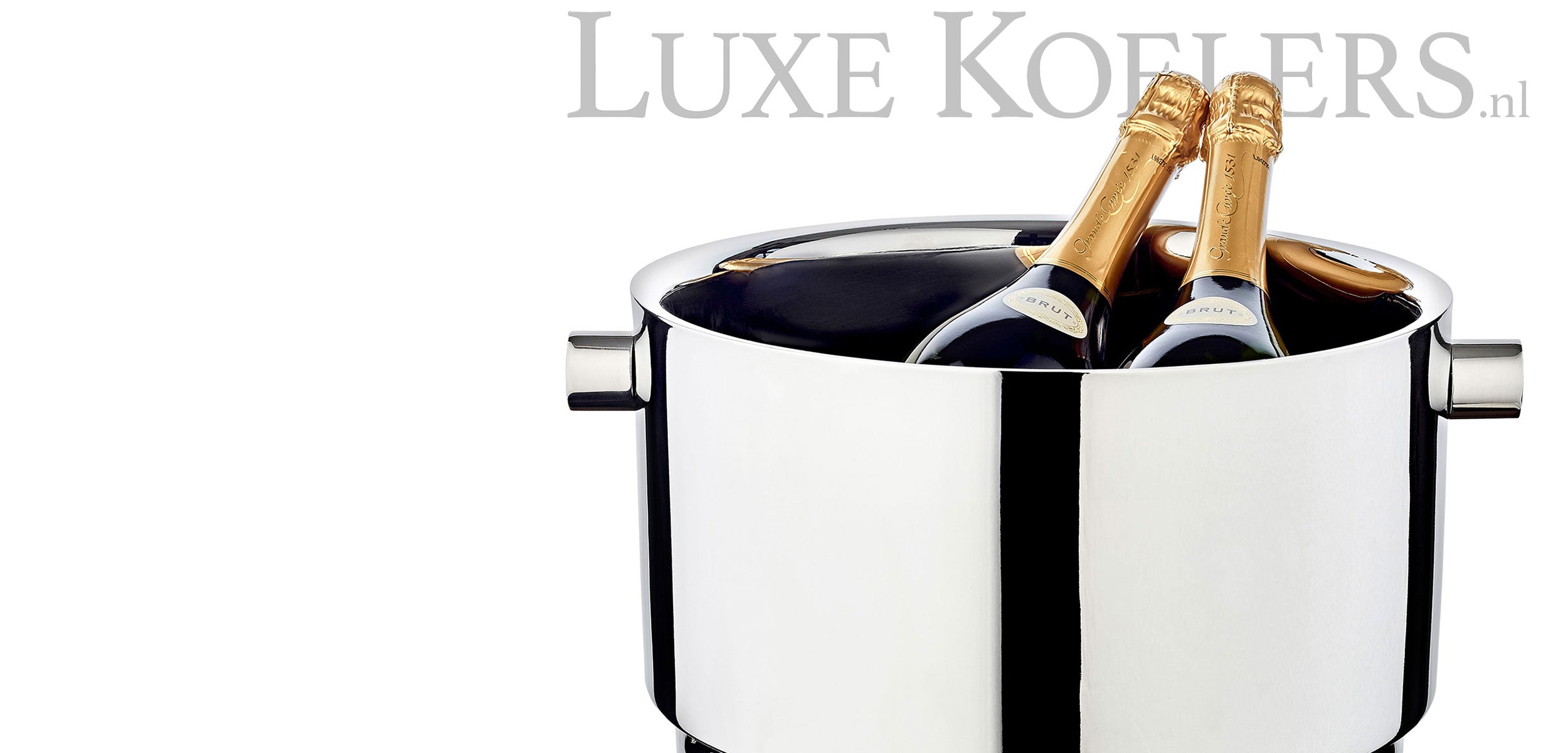 Luxe grote dubbelwandige koeler met daarin liggend twee flessen Brut. De koeler heeft oren en het logo van Luxe Koeler tegen een witte achtergrond