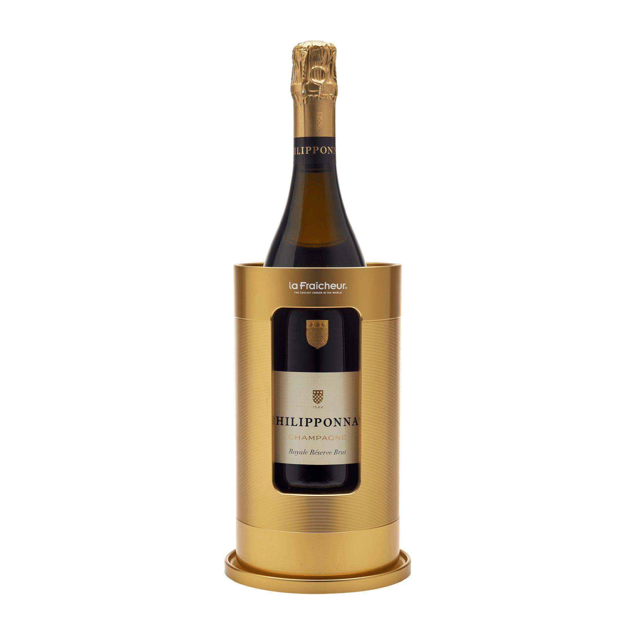 gele aluminium koeler met fles champagne op witte achtergrond